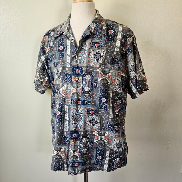 Vintage Handmade Cotton Hawaiian Mod Floral Ornate Mens Shirt L 60s Style - Picture 1 of 6